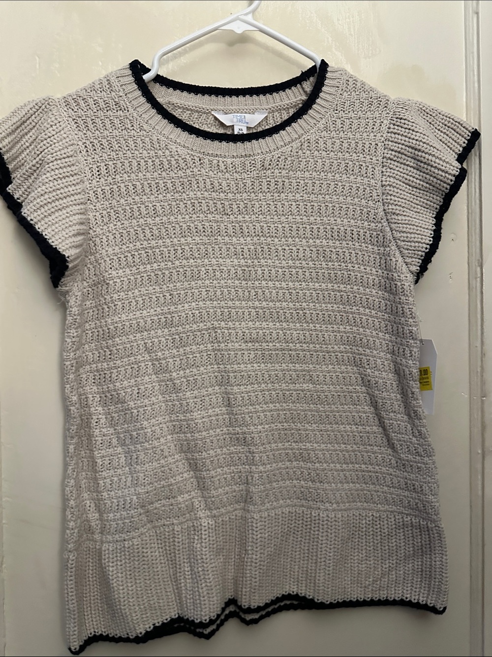 Time and Tru Cream Knit Short-Sleeve Sweater with Black Trim